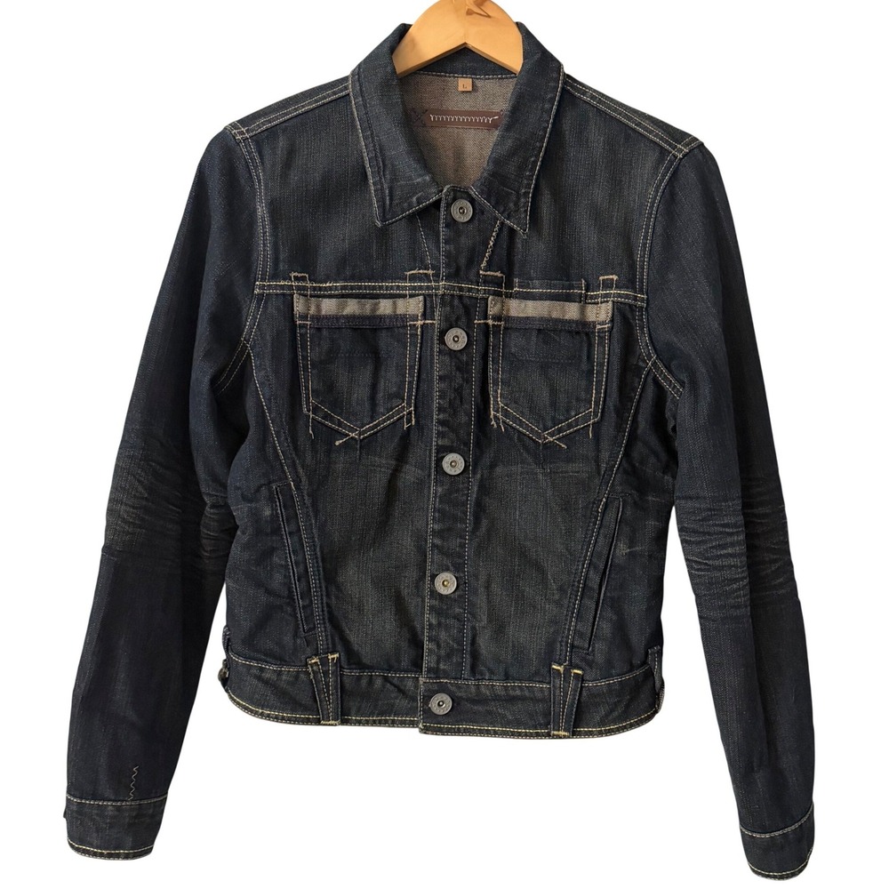 Yanuk Women Sz Lg Dark Wash Denim Trucker Jacket Made in USA Western Rugged